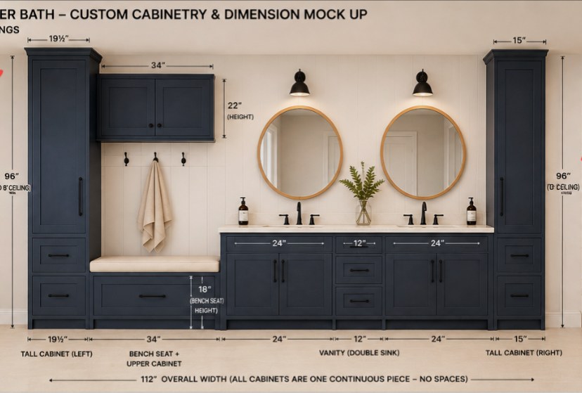 3D shop rendering of a navy master vanity suite with tall end towers, center bench seat and round mirrors